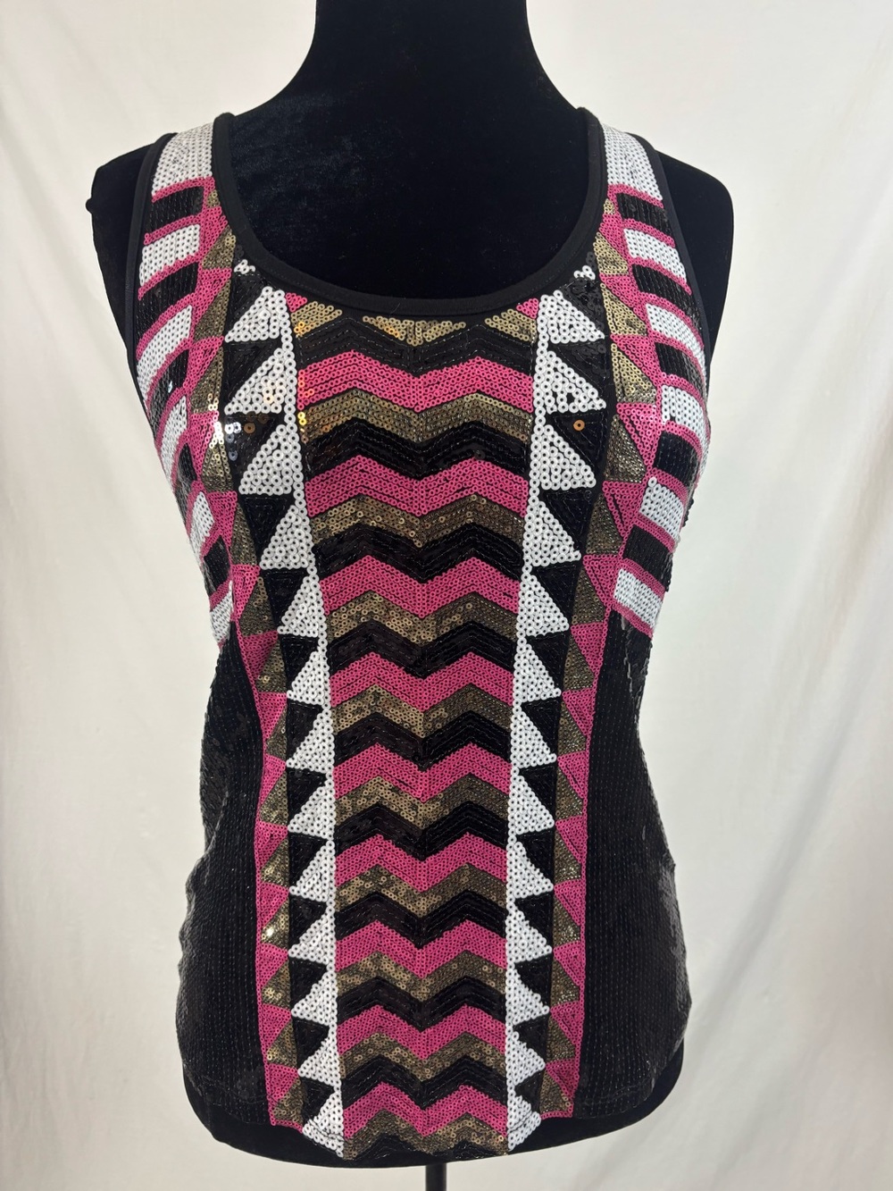 Bebe Black Pink Gold Sequin Racerback Keyhole Tank Y2K McBling Glam Small